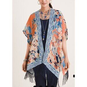 Chico's Tropical Print Ruana Linen Wrap‎ Kimono Womens Size L / XL Orange Blue